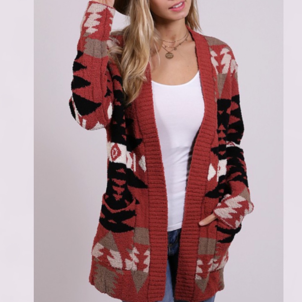 Boho Aztec Tribal Print Cardigan Color Berry
